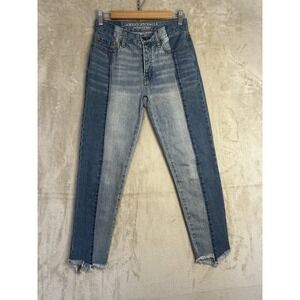 American Eagle Vintage Hi-Rise Two-Tone Colorblock Button Fly Jeans Blue Size 0
